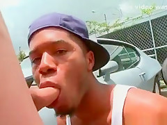 Hot black gay gets a stiff white cock to suck