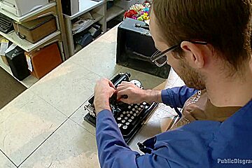 Hot blonde fucked and disgraced in a typewriter shop