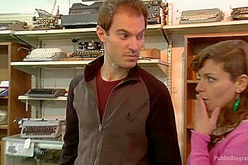 Hot blonde fucked and disgraced in a typewriter shop