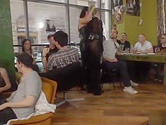 Hot slave gangbanged in public bar