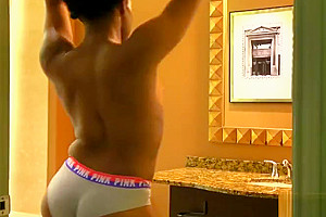 Inked black beauty stroking her dong
