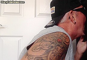 Inked gloryhole DILF sucks cock till jizz in greedy mouth