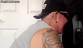Inked gloryhole DILF sucks cock till jizz in greedy mouth