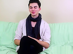Interview leads to twink masturbating and using a big dildo