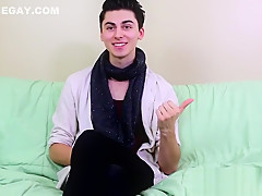 Interview leads to twink masturbating and using a big dildo