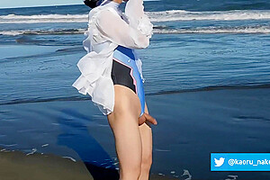 Japanese Crossdresser Masterbation And Cumshot In The Beach