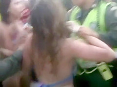 Jealous chicks fighting with their boobs out