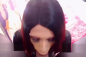 Leather TS couple cums in mouth