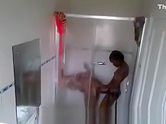 Lesbian ebony teen 18+ caught in shower