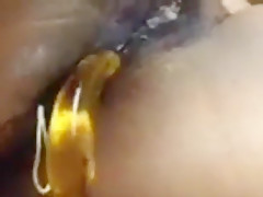 Magic wand orgasm with glass banana & anal beads in ass