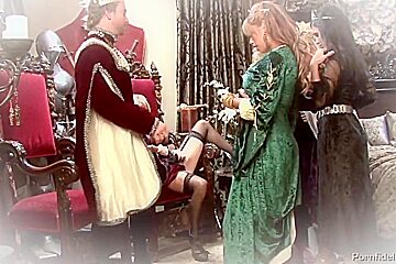 Masked ladies are having a threesome with a guy they have just met, during a party