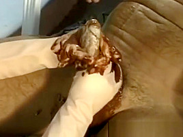 Messy Sloppy Handjob Using Yellow Gloves