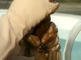 Messy Sloppy Handjob Using Yellow Gloves