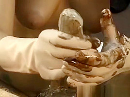 Messy Sloppy Handjob Using Yellow Gloves