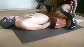 Naked male slave Is Gagged, Whipped Has Dick Trampled