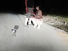 On Public Road Total Naked Whore On Leash And High Heels Pissing While Sucking Husbands Cock