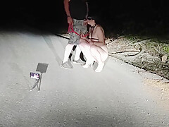 On Public Road Total Naked Whore On Leash And High Heels Pissing While Sucking Husbands Cock