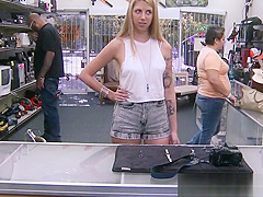 Pawnshop babe sucks before cowgirl riding guy