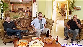 Payton West kneels while sucking cock and fucks her husbands friend