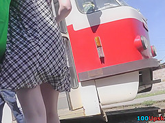 Petite girl with auburn hair in the upskirt video