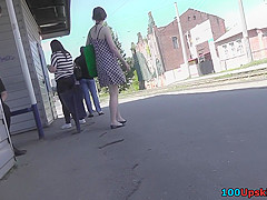 Petite girl with auburn hair in the upskirt video