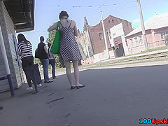 Petite girl with auburn hair in the upskirt video