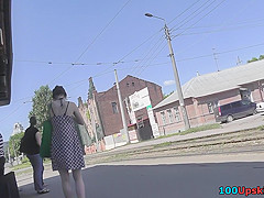 Petite girl with auburn hair in the upskirt video