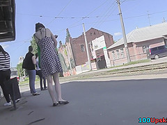 Petite girl with auburn hair in the upskirt video