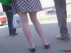 Petite girl with auburn hair in the upskirt video