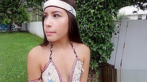 Petite indian rides cock and gives head at costume party
