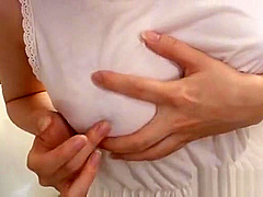Petite short haired Japanese model rubbing her clean twat