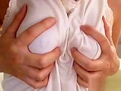 Petite short haired Japanese model rubbing her clean twat