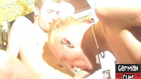 Pierced German studs enjoy amateur bareback 3way sex