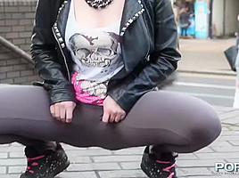 Pink hair slut flashing in public