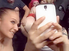 Redhead slut gets gangbang in public