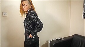 Rock chick posing in leather pants and classic leather biker jacket