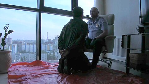 Russian Cop Dominates Military Boy - Very Hard Leather Gloved Slaps And Spitting