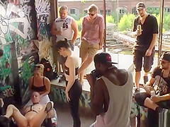 Shaved head slave double penetration public