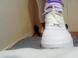 Shoejob teasing in white Nike Air Force 1's low-cut