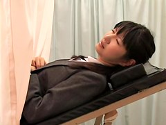 Skinny asian chick in mini skirt goes to the gynecologist