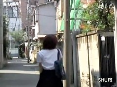 Skinny brown-haired school-girls makes loud sound during quick sharking