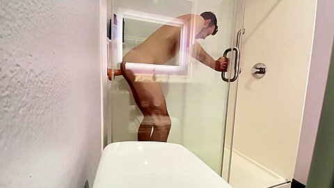 Straight Guys First Time Riding His Big White Dildo In Hotel Shower