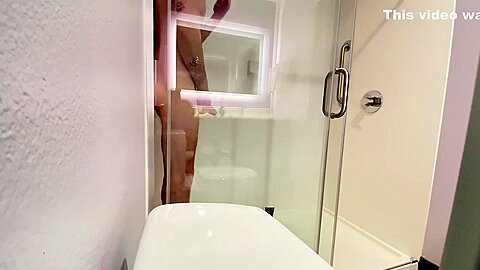 Straight Guys First Time Riding His Big White Dildo In Hotel Shower