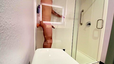 Straight Guys First Time Riding His Big White Dildo In Hotel Shower