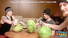 Straight Inked Guys Fuck Watermelons Until Cumming