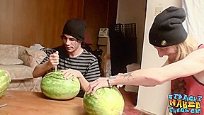 Straight Inked Guys Fuck Watermelons Until Cumming