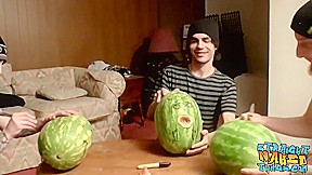 Straight Inked Guys Fuck Watermelons Until Cumming