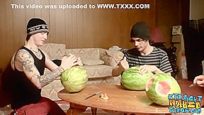 Straight Inked Guys Fuck Watermelons Until Cumming
