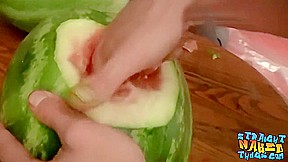 Straight Inked Guys Fuck Watermelons Until Cumming