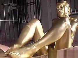 Strange japanese gold fetish with hot babe giving footjob
